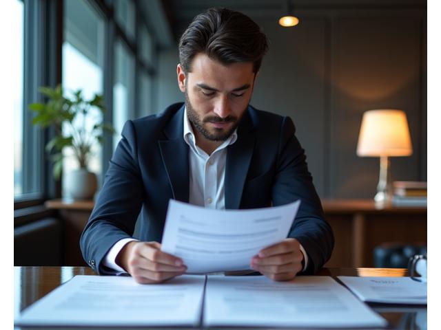 Image professionnelle d'un avocat ou conseiller examinant des documents dans un bureau moderne